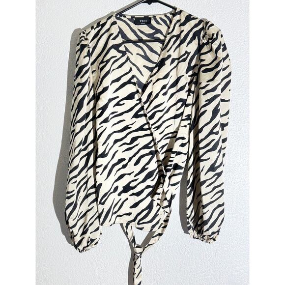 VICI Zebra Print Satin Wrap Blouse Long Sleeve Surplice Top Size Small - Picture 6 of 9